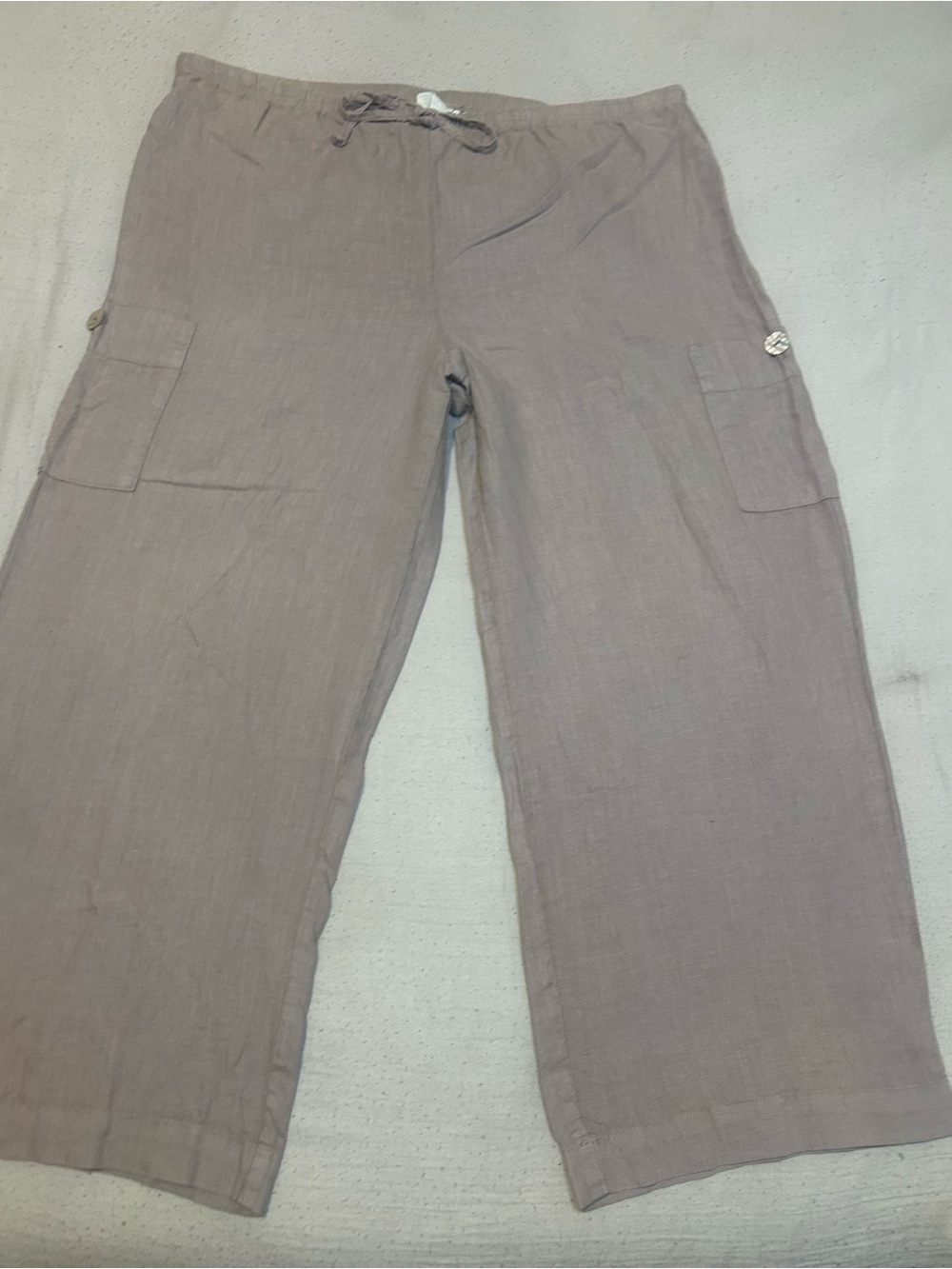 Women's Wide Leg Cargo Linen Pants in Taupe brown.